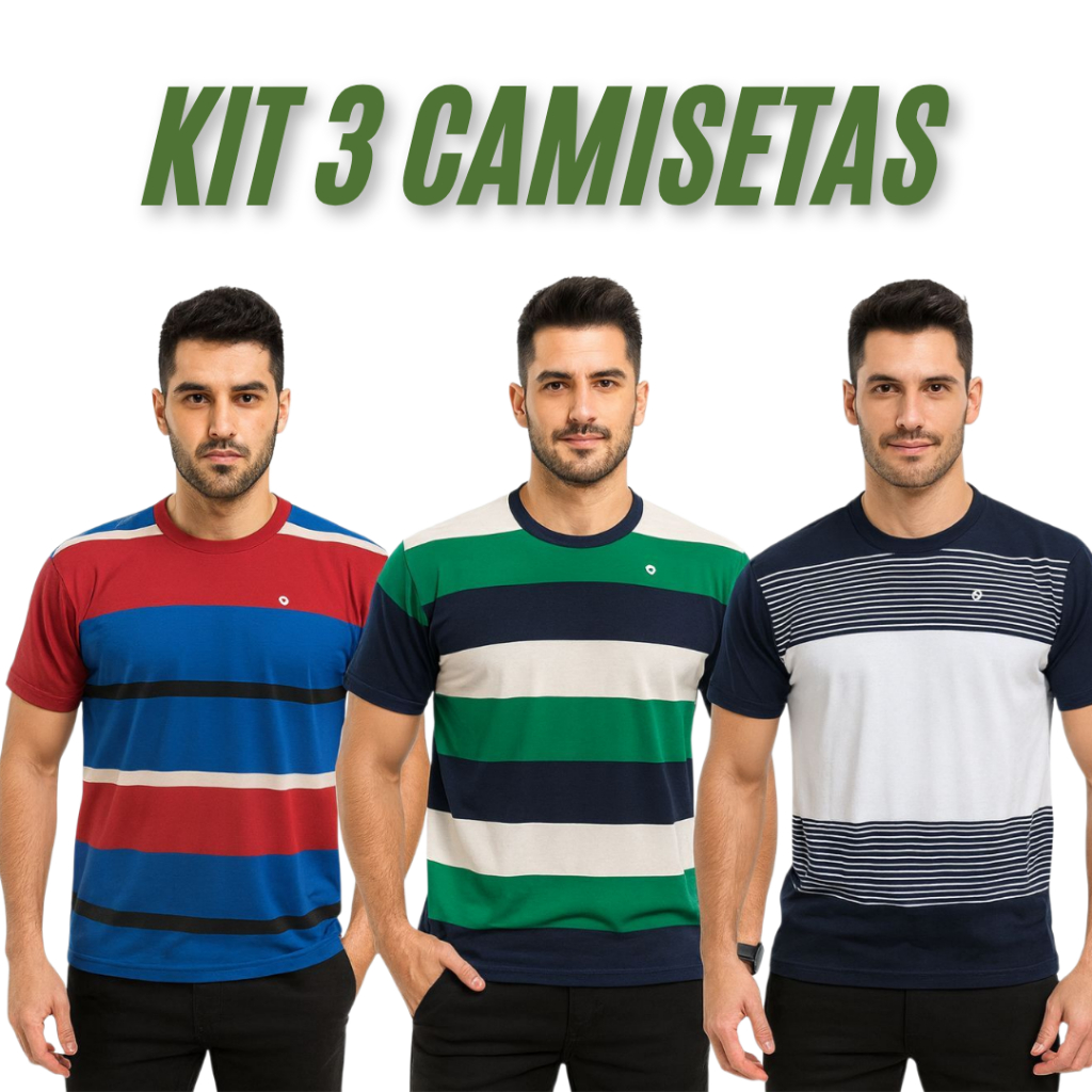 kit 3 Camiseta Masculina Básica 100% algodão gola redonda listrada verão em Oferta na Shopee
