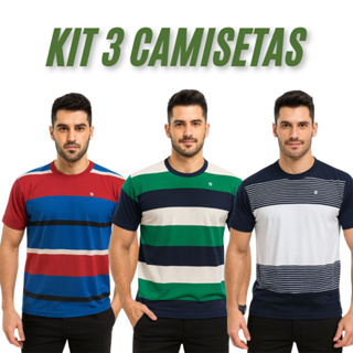 kit 3 Camiseta Masculina Básica 100% algodão gola redonda listrada verão em Oferta na Shopee