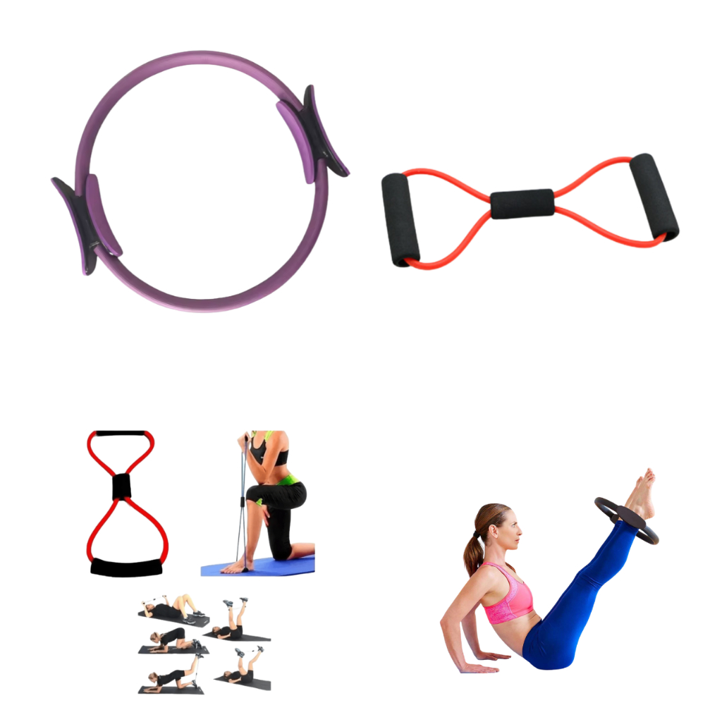 Kit Pilates com Anel Mágico 38 cm Roxo e Elástico Extensor de Tensão Cor variada Ideal para Yoga Fisioterapia em Oferta na Shopee