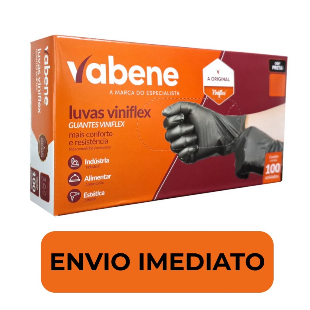 Luva Preta Vinil Flex Descartável Sem Látex Profissiional p/ Alimentos e Estética,Tatuagem, Churrasco – 100Un P M G, GG