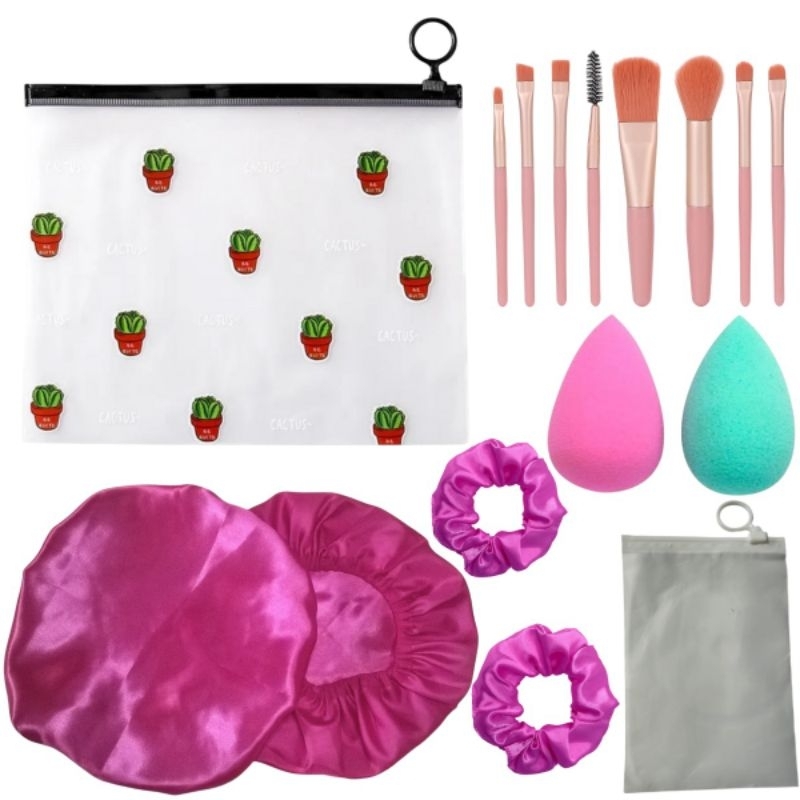 Super kit de viagem 1 nécessaire+1 kit de pincéis com estojo+2 mini esponja+2 Xuxinhas de Cetim+2 Toucas de Cetim