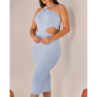 Vestido Midi Feminino Verão Tricot Modal Canelado com Recorte na Cintura e Alça Cruzada Elegante em Oferta na Shopee