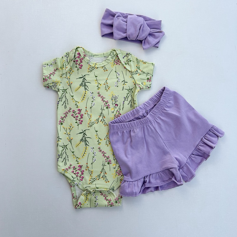 Conjunto 3 Peças em Cotton Body Shorts e Faixa Bebê Verão Moda Estampado Algodão Feminino Manga Curta