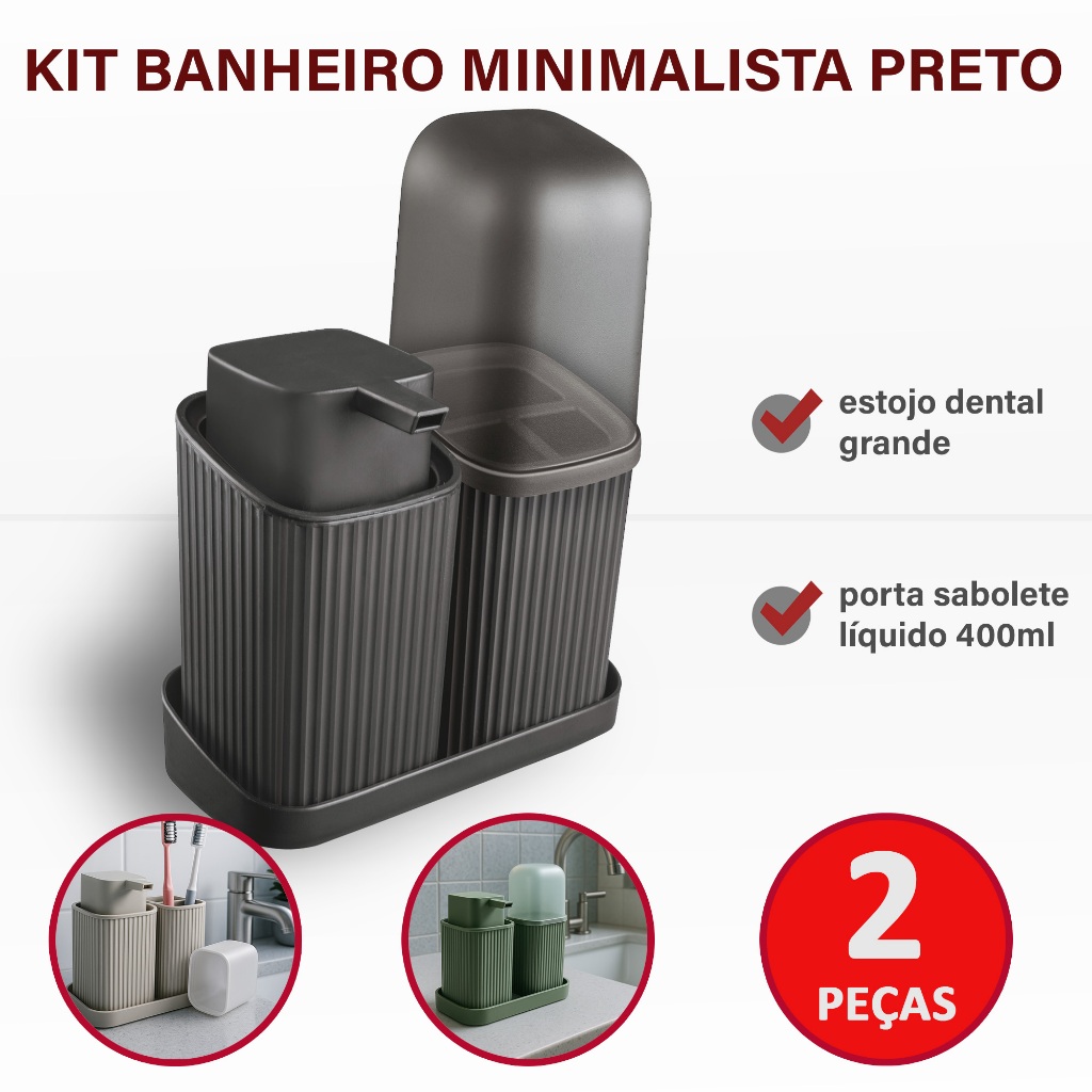 Kit Banheiro Minimalista 2 Peças: Dispenser Sabonete, Porta Escovas + Bandeja. Design Elegante. em Oferta na Shopee