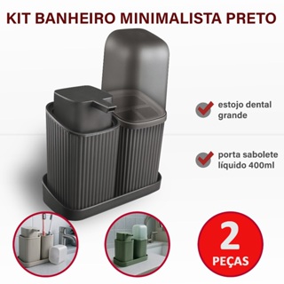 Kit Banheiro Minimalista 2 Peças: Dispenser Sabonete, Porta Escovas + Bandeja. Design Elegante. em Oferta na Shopee
