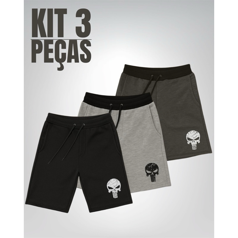 Kit 3 Bermudas Masculina Moletom Moletinho Caveira Justiceiro Academia em Oferta na Shopee