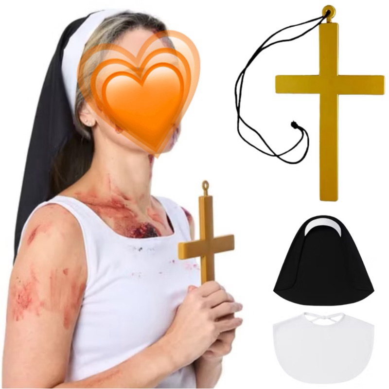 Kit Freira (3 Peças: Véu preto, detalhe branco do pescoço e Crucifixo) - Fantasia Carnaval Halloween