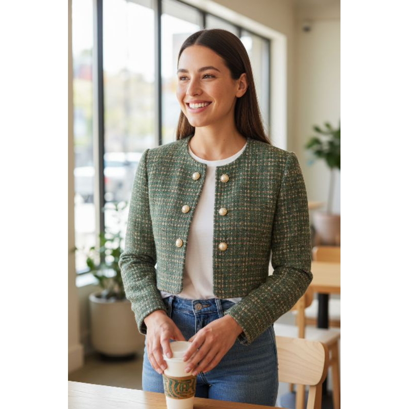 Blazer Feminino Curto Cropped Elegante em Malha Tweed e Crepe Casaquinho Casaqueto Bolero em Oferta na Shopee