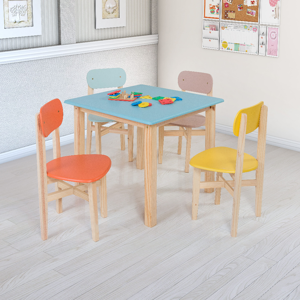 Conjunto Mesa com 4 Cadeiras Infantil Colorê Tampo MDF e Pés em Madeira Maciça