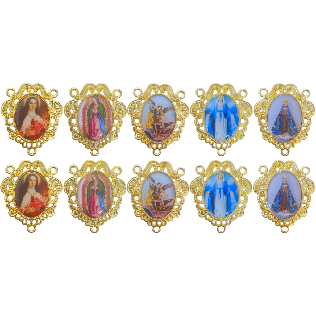 KIT 10 Entremeio Camafeu Imagem De Santo Para Terço Dourado Cataforético Nossa Senhora São Miguel