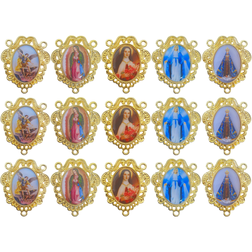 KIT 15 Entremeio Camafeu Imagem De Santo Para Terço Dourado Cataforético Nossa Senhora São Miguel