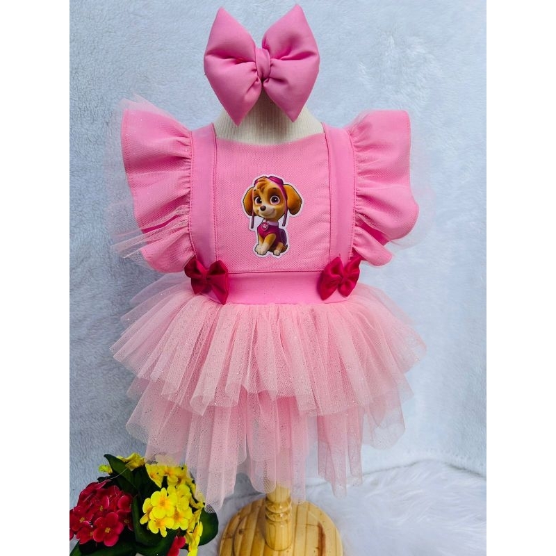 romper salopeti temático infantil menina vestido tema skay patrulha caninna