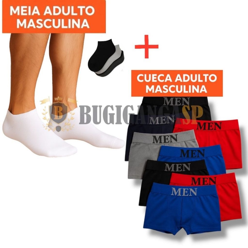 Kit 10 Cuecas Boxer Microfibra Adulto + 12 Pares Meias Algodão