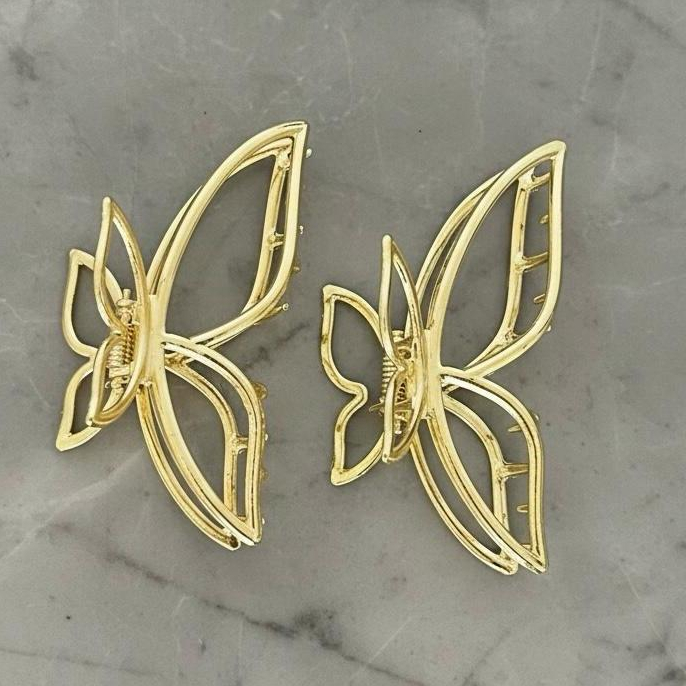 Prendedor de Metal Piranha de Cabelo Borboleta Clássica Feminino Dourada/Prata 7,5 cm