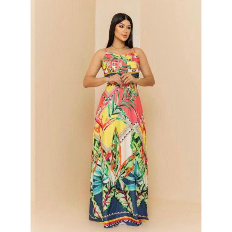 🌿 Vestido Longo em Crepe Barrado – Estampa Natureza, Elegante e Confortável 🌿 .