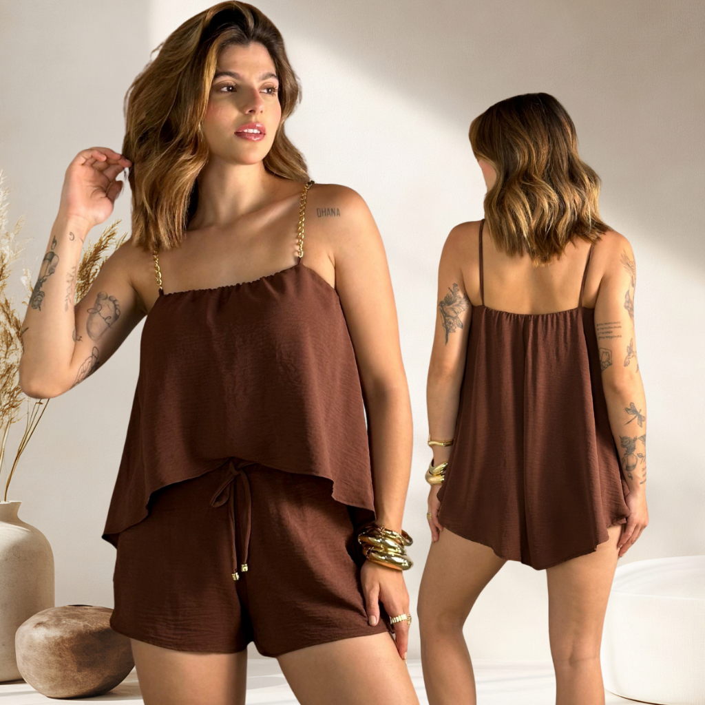 Cropped Assimétrico e Short Curto Soltinho Conjunto Blogueira Lançamento