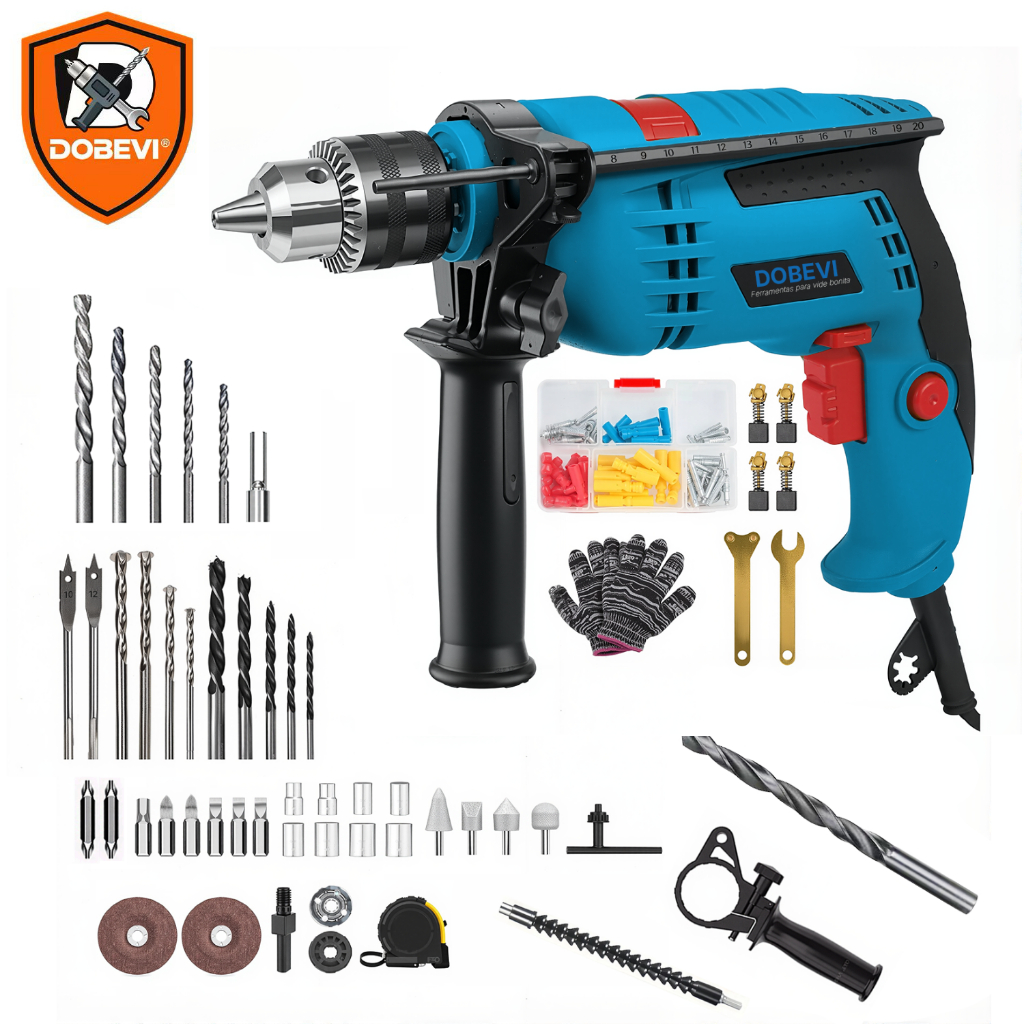 Furadeira Impacto 500W Profissional 1/2" 2800rpm + Kit Acessórios Dobevi
