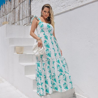 Vestido De Alça Com Babado Longo Estampado Com Forro e Bojo Elastex nas Costas M G e GG em Oferta na Shopee