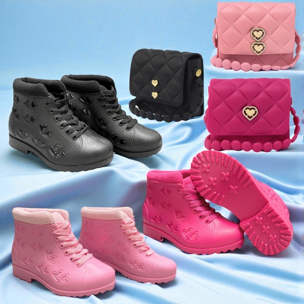 Conjunto Infantil Bota + Bolsinha Coração Feminino | Material Confortável E Impermeável