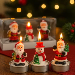 Trio Velas Rechaud Natal Kit 3 Unidades – Papai Noel e Boneco de Neve – Mesa Posta Decoração Lembrancinha