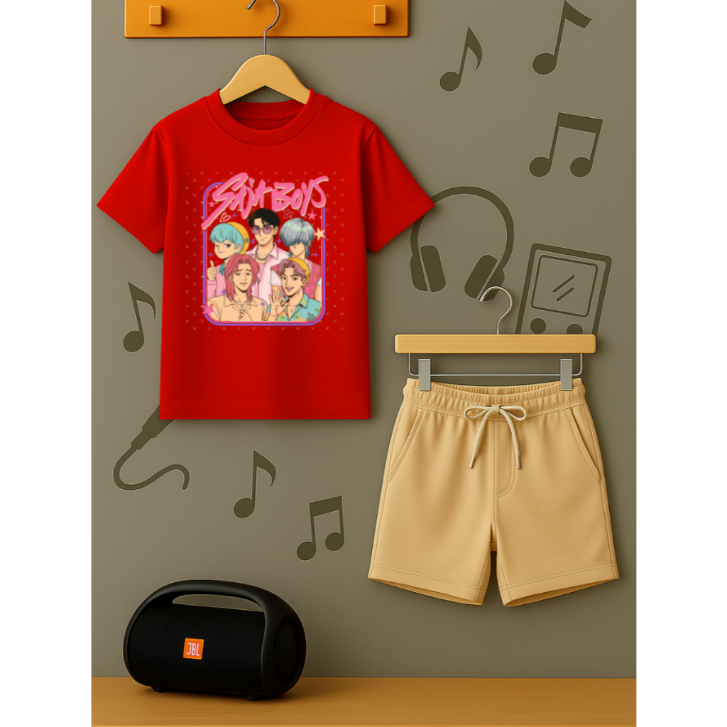 Conjunto Saja Boys Kpop Camiseta e Bermuda Moletom Infantil Juvenil Short Menino Menina Algodão Macio