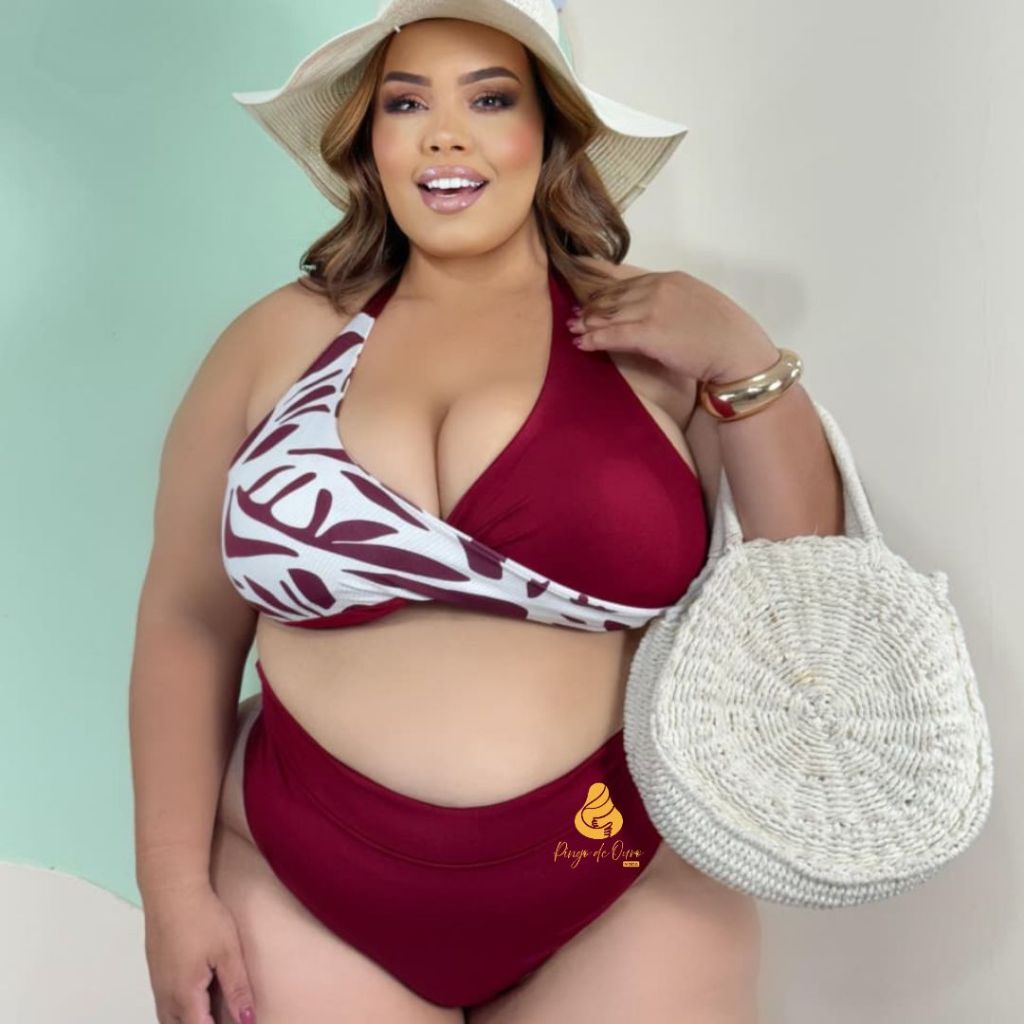 Biquini Plus Size Cintura Alta com Bojo Transpassado Conjunto Plus Size