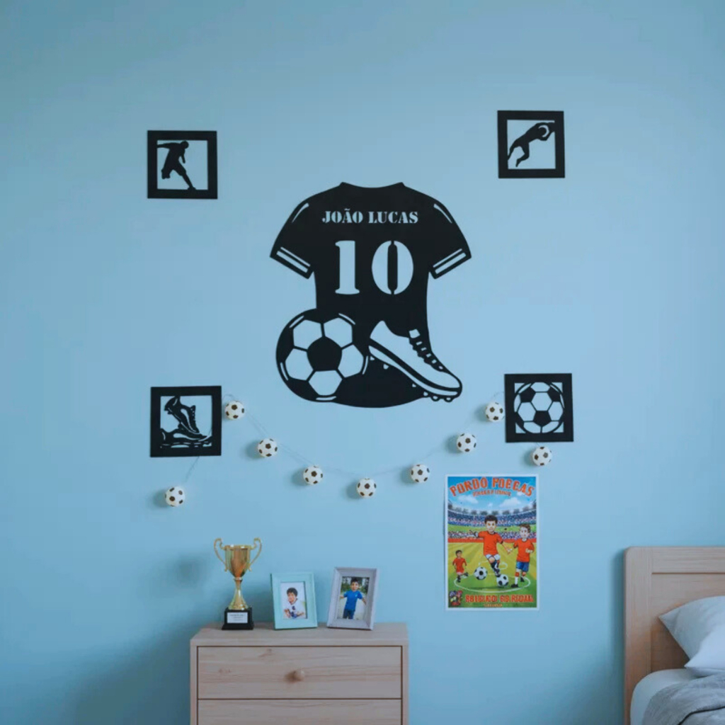 Kit 4 Quadros Decorativos de Camiseta de Futebol com Nome e Numero Personalizado natalDF 3mm   quarto menino