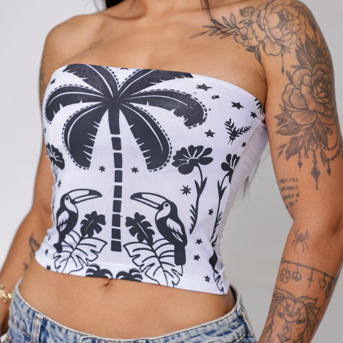 Top Faixa Feminino Estampado Tropical Tomara Que Caia | Moda Praia Verão em Oferta na Shopee