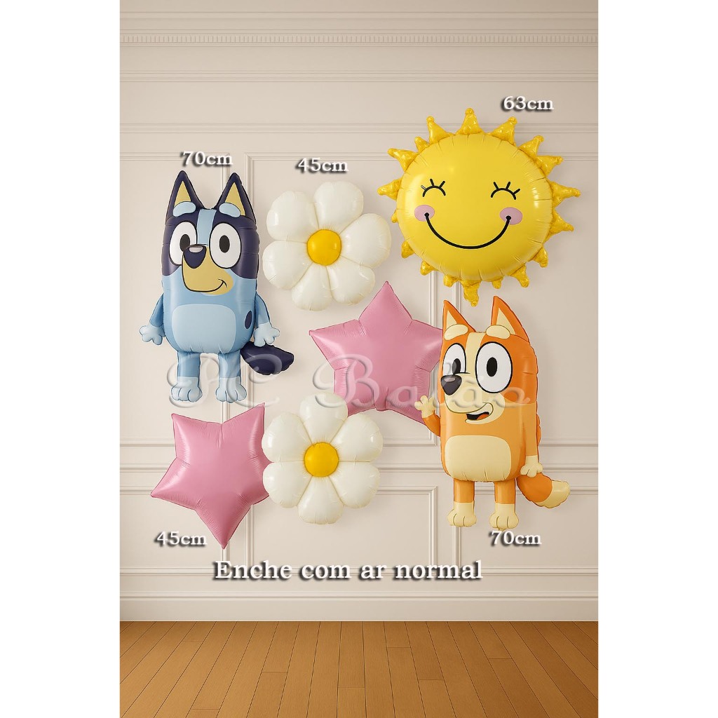 Kit 7 Balão Metalizado 1 BLUEY CORPO 2 MARGARIDA 2 ESTRELA ROSA CLARO 1 BINGO CORPO 1 SOL FESTA
