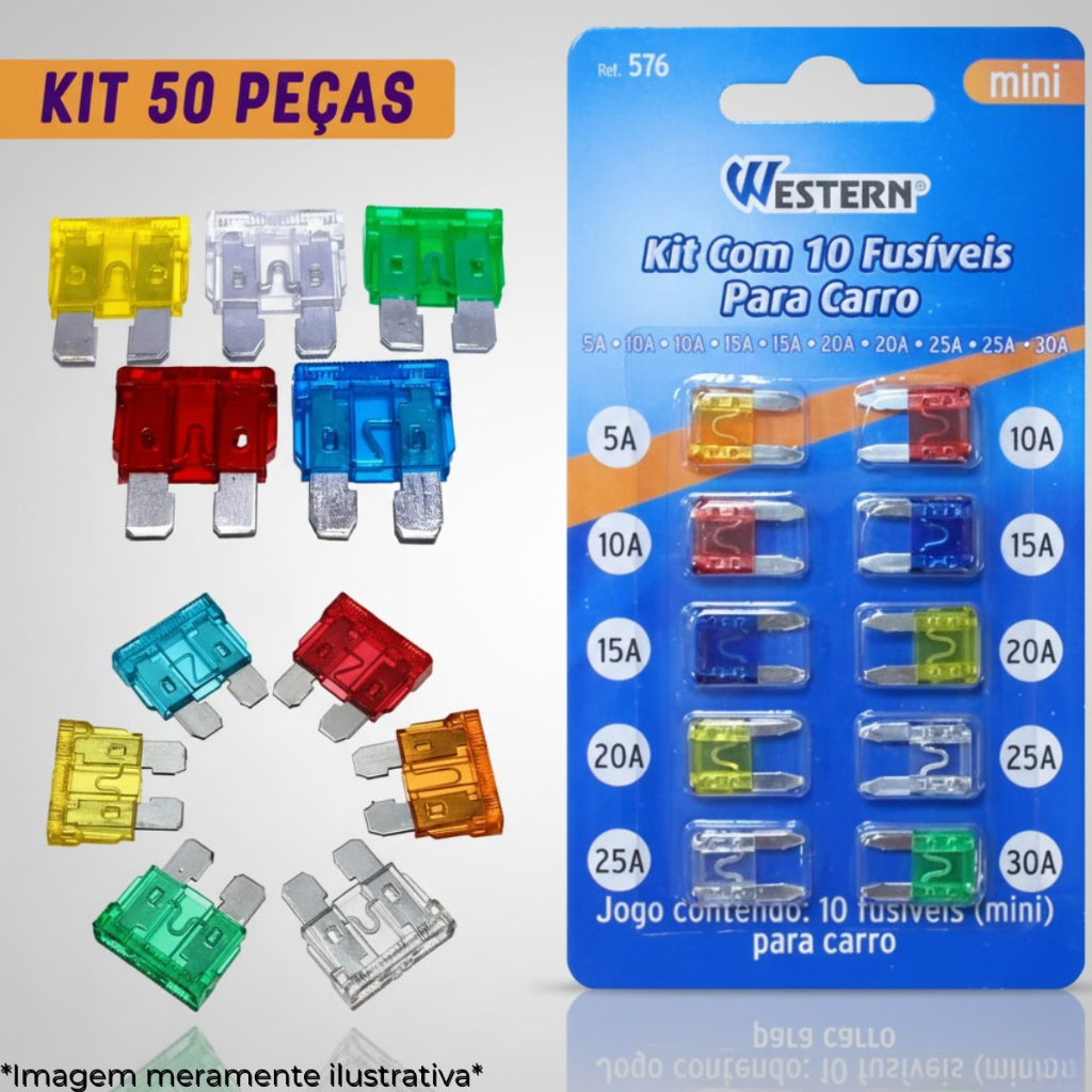 Kit Fusível Lâmina Mini Automotivo com 50 Peças 10A 15A 20A 25A 30A Para Carros e Caminhonetes