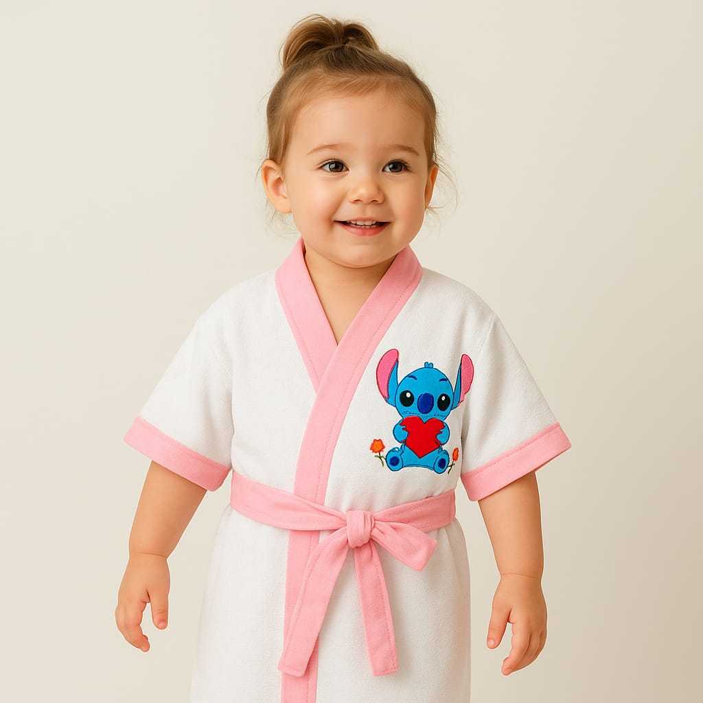 Roupao Infantil Atoalhado Poliester Otima Absorção Personagem Stitch Em 02 Cores Tamanhos 02 ao 12 Lindos