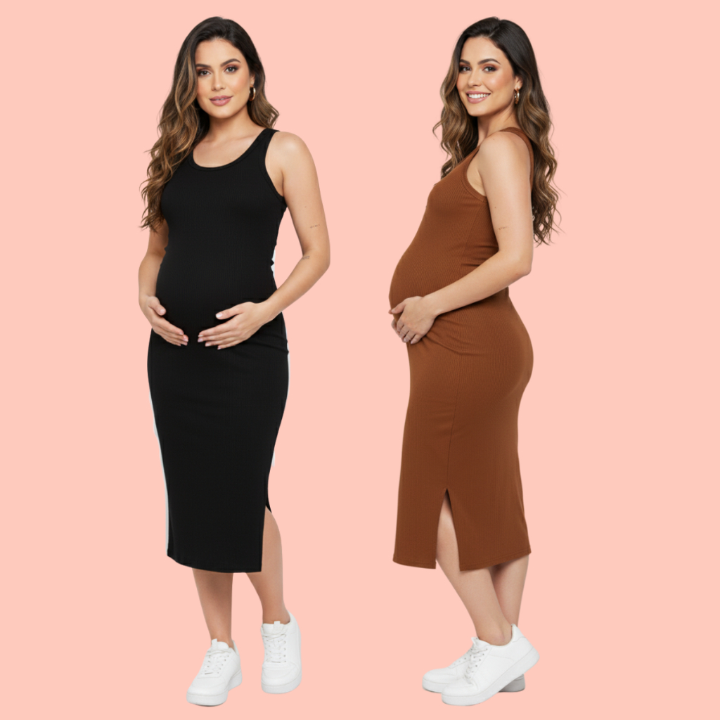 Kit 2 Vestido Gestante Canelado Midi Com Fenda Lateral em Oferta na Shopee