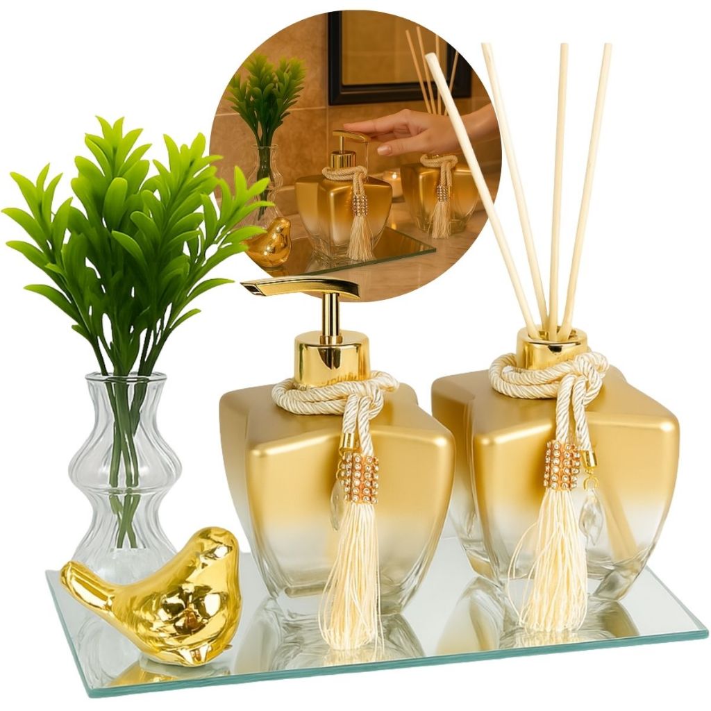 Kit Vidros Degrade Rose Cobre P/ Aromatizador De Ambiente C/ Bandeja Decoração de Urso de Porcelana