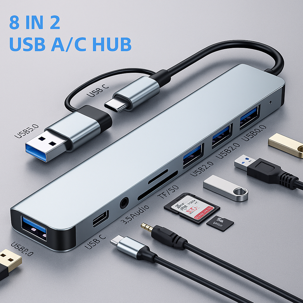 Hub Extensor 8 em 2 Tipo C com Adaptador USB 3.0 Leitor SD/TF Dock Áudio