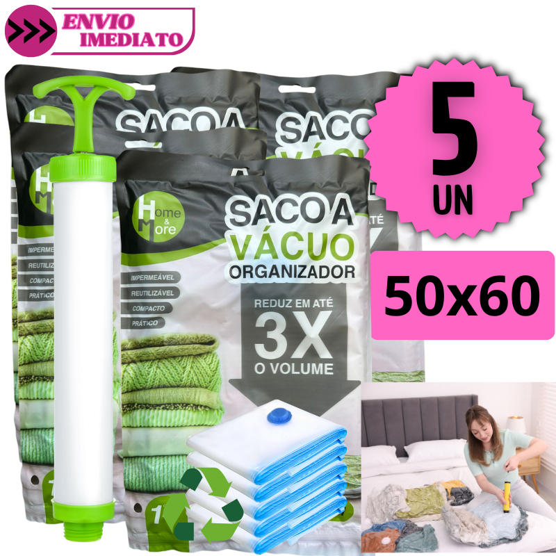 Kit 5 Sacos a Vácuo Organizadores 50x60 Bomba Manual Reutilizável Viagem Guarda Roupas Compacto