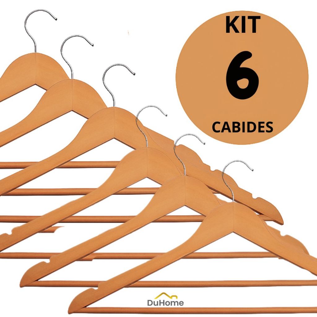 Kit Cabide De Madeira Marfim Para Roupas Calça Gancho Cromado Resistente Verniz Roupas Duhome em Oferta na Shopee