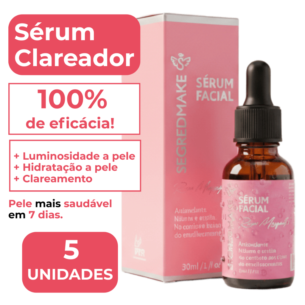 5 Sérum Rosa Mosqueta Clareador de Manchas, Antirrugas , Antissinais. Hidrata e Ilumina. Pele Renovada e Uniforme.