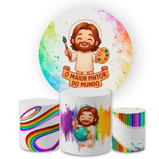 Kit Capa Painel Festivo Redondo + Trio Cilindro Decoração O Maior Pintor Do Mundo Festa Aniversário