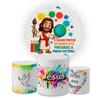 Kit Capa Painel Festivo Redondo + Trio Cilindro Decoração O Maior Pintor Do Mundo Festa Aniversário Veste Fácil
