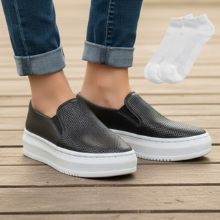 Kit Tênis Feminino Plataforma Slip On Confortável Casual Sola Alta + Meia