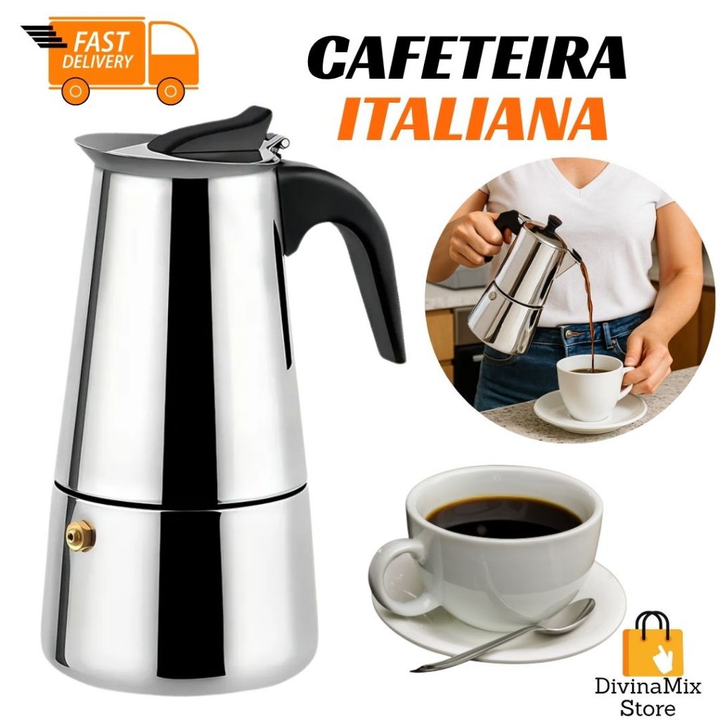 Cafeteira Italiana Inox 200 – Prepara Café Expresso Perfeito para Casa ou Viagem com Praticidade