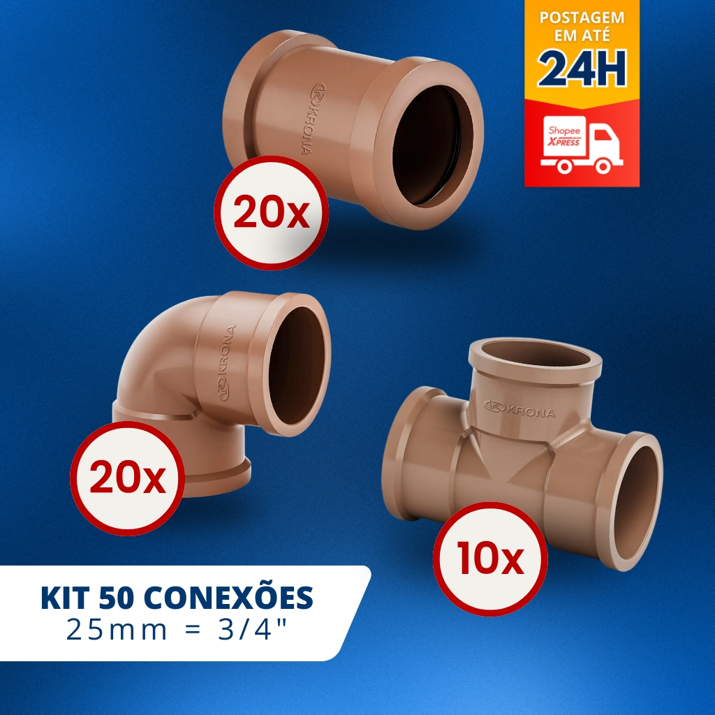 50 Conexões hidráulicas 3/4 = 25mm (20 Joelho + 20 Luva + 10 Tee) - KRONA/PLASTU