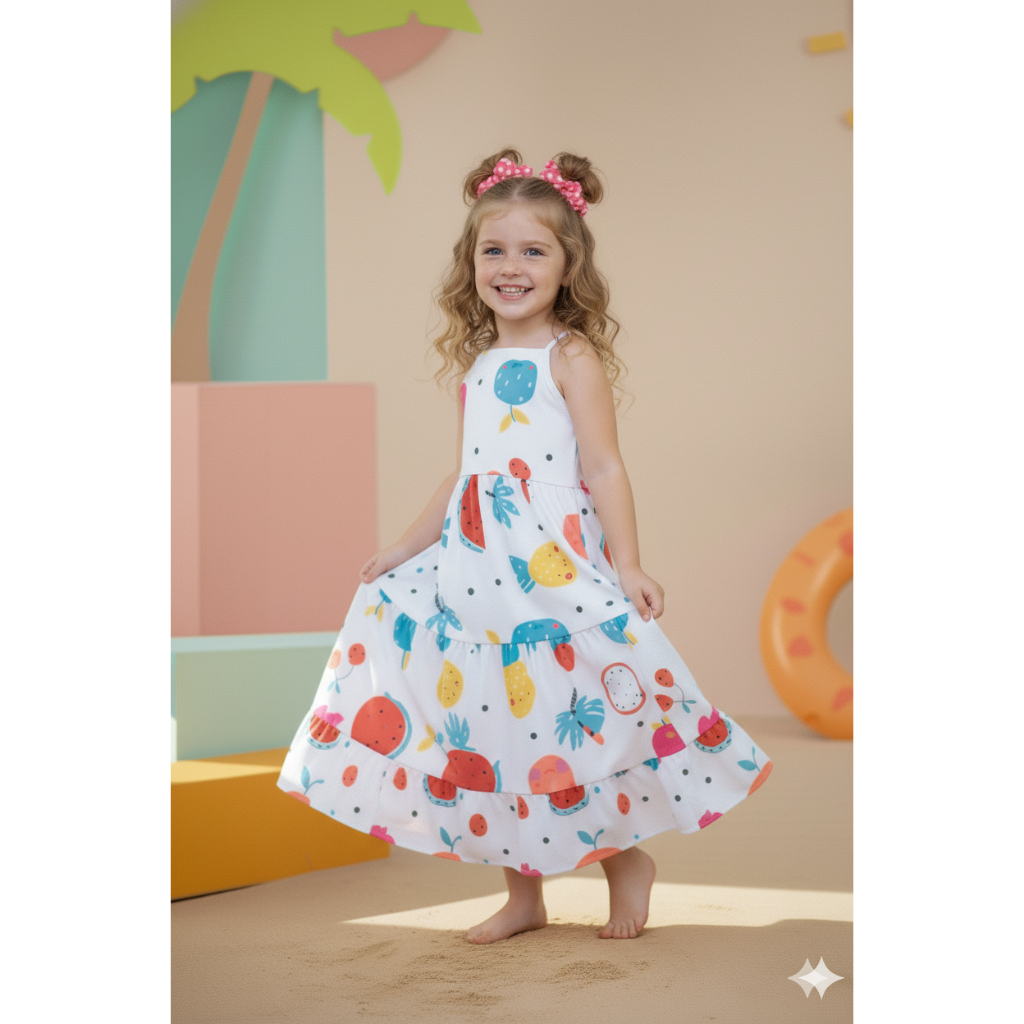 Vestido Longo Trançado Moda Infantil Juvenil Leve Estampa Verão Luxo Costa Nua Festa Primavera