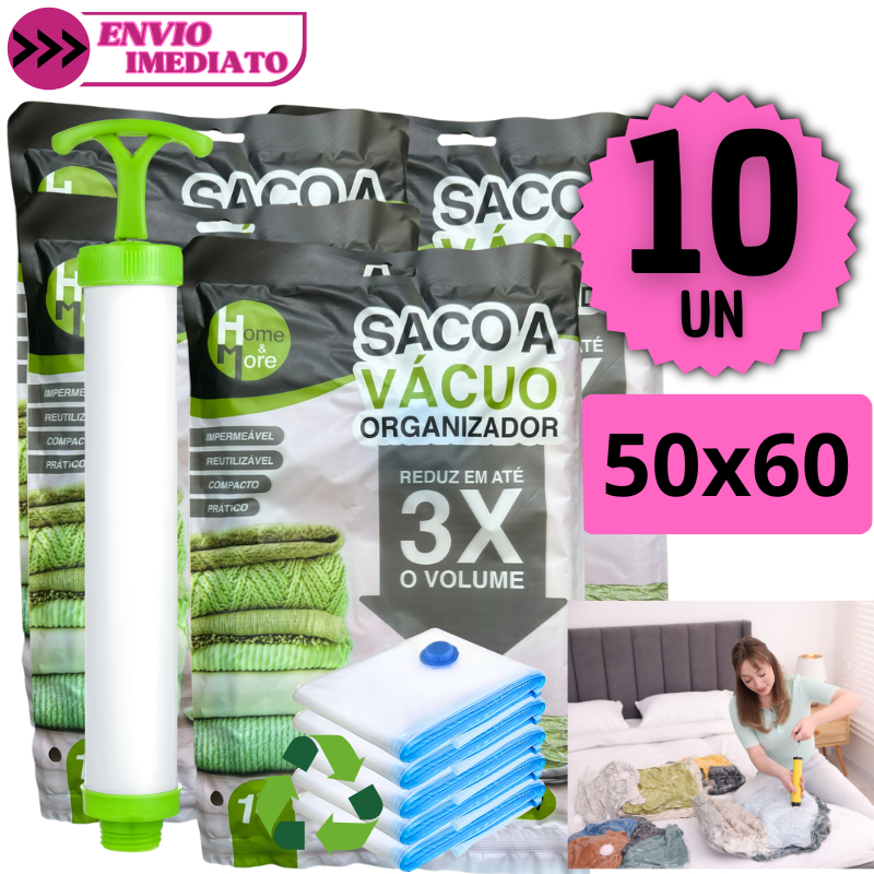 Kit 10 Sacos a Vácuo Organizadores 50x60 Bomba Manual Reutilizável Viagem Guarda Roupas Compacto