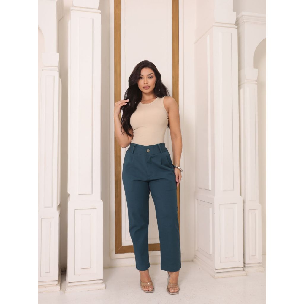 Calça Feminina de Sarja com Elastano Cintura Média/Alta, Modelagem Alfaiataria, Bolsos, Confortável p/ Trabalho 3165