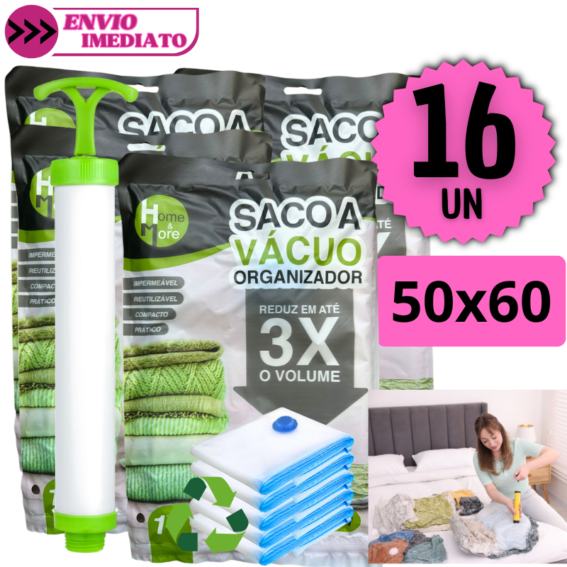 Kit 16 Sacos a Vácuo Organizadores 50x60 Bomba Manual Reutilizável Viagem Guarda Roupas Compacto