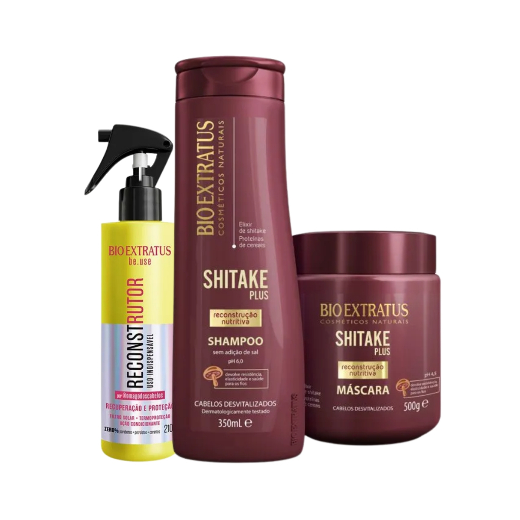 Kit Shitake Plus Bio Extratus Shampoo 350ml, Máscara 500g e Reconstrutor Be.Use 210ml em Oferta na Shopee