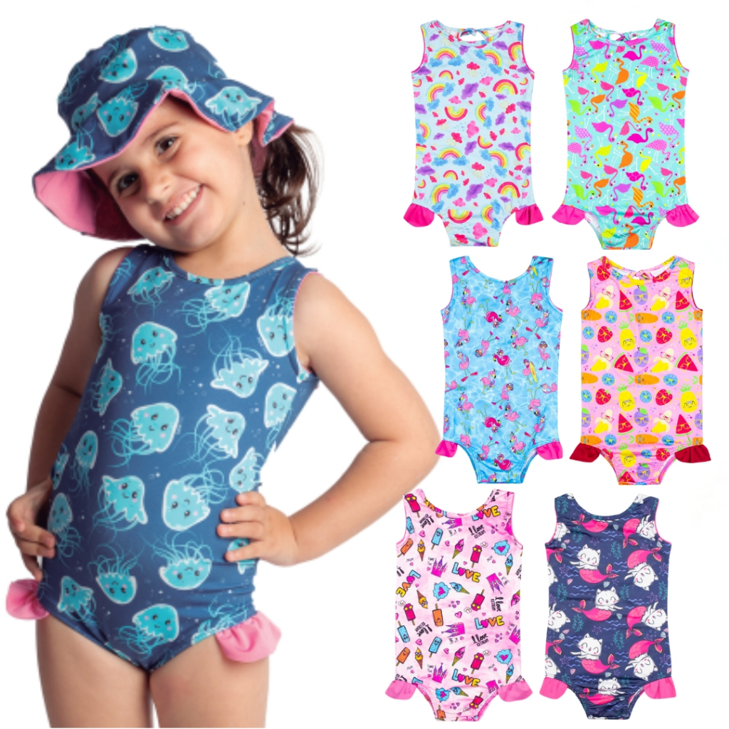 Conjunto Maiô Natação Infantil Biquíni Manga curta Proteção Solar Uv50 + Chapéu Com Proteção UV50
