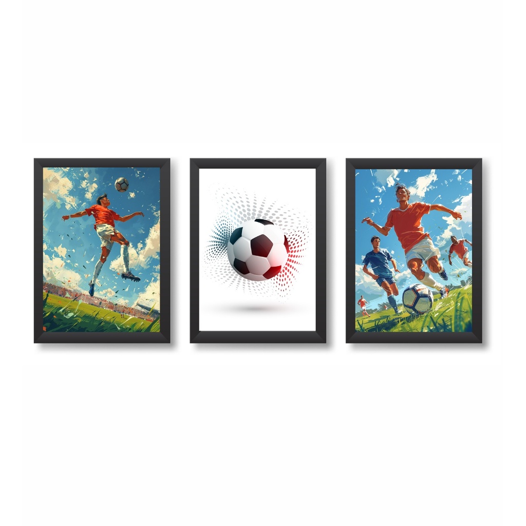 Kit 3 Quadros Decorativos Futebol Jogadores Bola Decoração Esporte Moldura 20x30cm Molduras Madeira Vidro