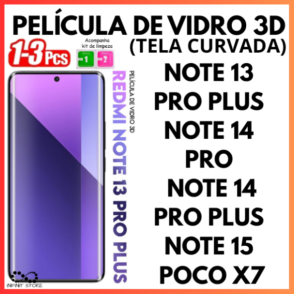 Película De Vidro 3D Temperado Para Redmi Note 13 PRO PLUS 14 PRO PLUS TELA CURVADA em Oferta na Shopee